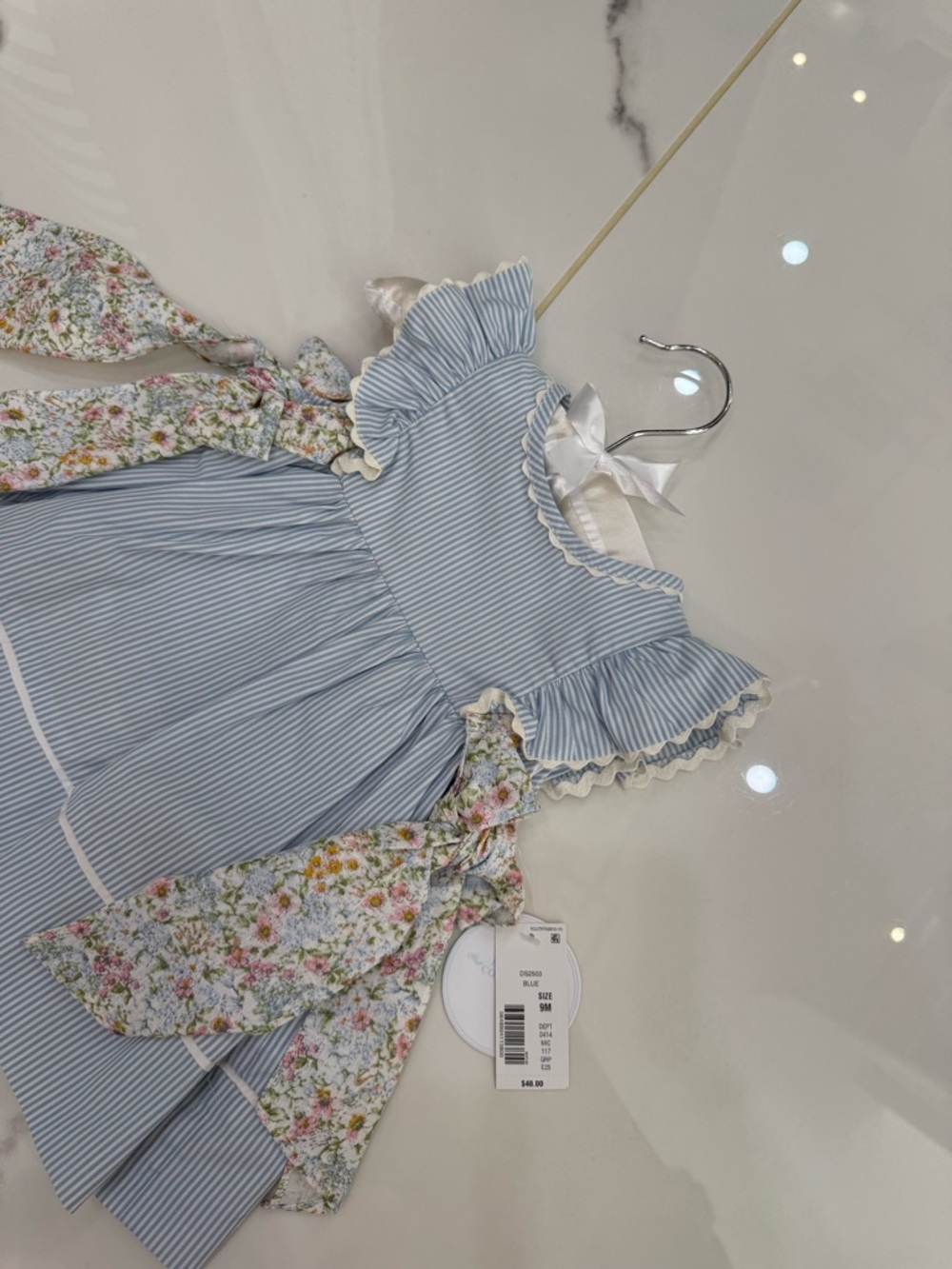 Edgehill Collection Blue Stripe Dress with Floral Ruffle Bows - Picture 4 of 4